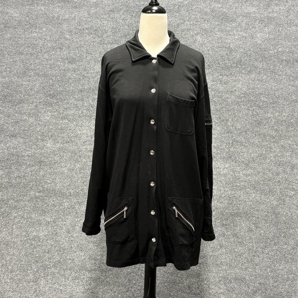 Chaus Sport Jacket Womens Medium Black Snap Front Zip Pocket Longline Tunic